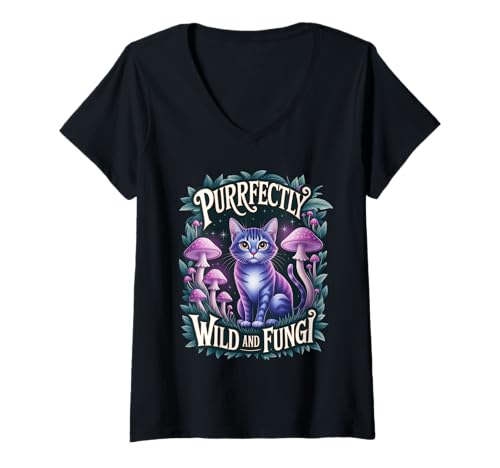 Damen Purrfectly Wild and Fungi Katzenmotiv Spaß T-Shirt mit V-Ausschnitt von Pilz Katze Wald Abenteuer Illustration Natur