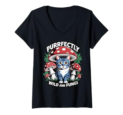 Damen Purrfectly Wild and Fungi Katzenmotiv Spaß T-Shirt mit V-Ausschnitt von Pilz Katze Wald Abenteuer Illustration Natur