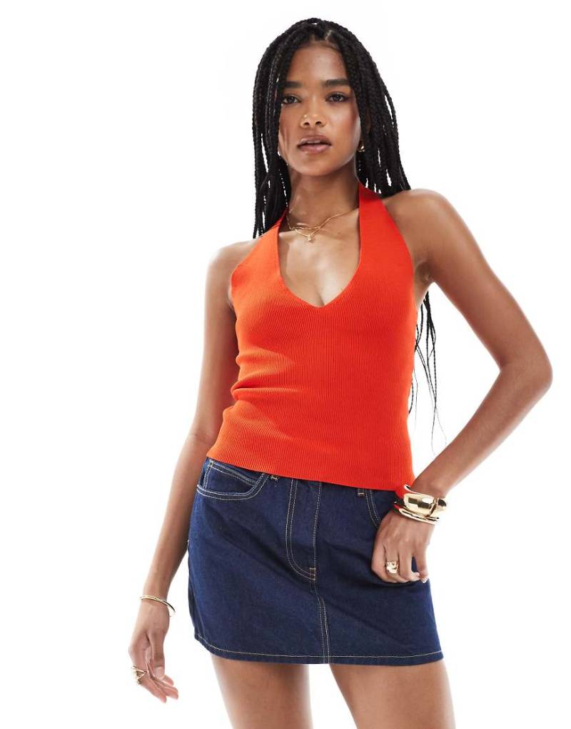 Pimkie - Neckholder-Top aus Feinstrick in Rot mit V-Ausschnitt von Pimkie