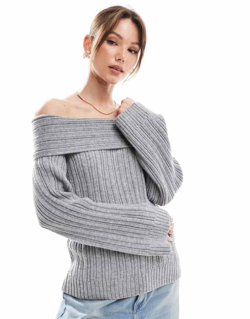 Pimkie - Schulterfreier Strickpullover in Grau mit weiten Ärmeln von Pimkie