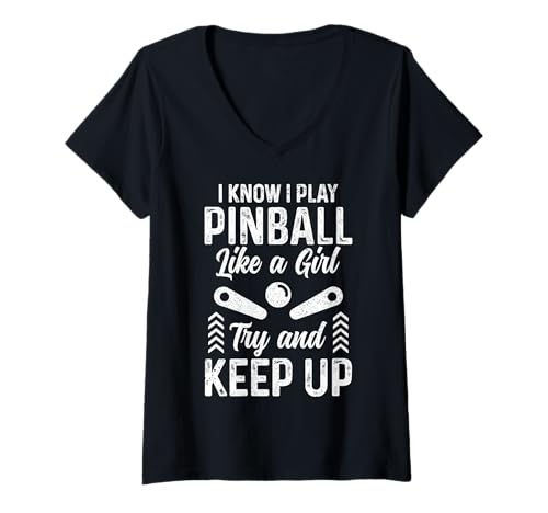 Damen Pinball Girl Arcade Spiel Retro Vintage Pinball T-Shirt mit V-Ausschnitt von Pinball Apparel & Gifts