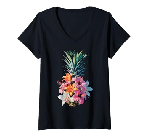 Damen Ananas Blume Floral Ananas Blumen Tropisch T-Shirt mit V-Ausschnitt von Pineapple Tropical Hawaiian Fruit