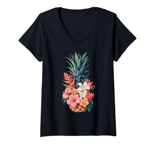 Damen Ananas Blumen Blumen Sommer Urlaub Ananas Hawaii T-Shirt mit V-Ausschnitt von Pineapple Tropical Hawaiian Fruit