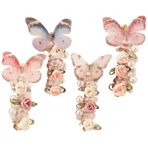 4pcs Spiralhaarbindungen, Schmetterling Blume Perle Elastic Hair Accessoires für Frauen Mädchen 4pcs Spiralhaarbindungen, Schmetterling Blume Perle Elastic Hair Accessoires für Frauen Mädchen von Pineeseatile