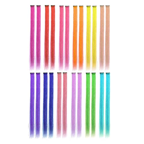 Farbige Haarverlängerungen Clip in Kinder Girls 24 PCs 12 Farben Clip in Haarverlängerung 22 Zoll Regenbogen Straight Highlight Haarstücke des Weihnachtsgeschenks von Pineeseatile