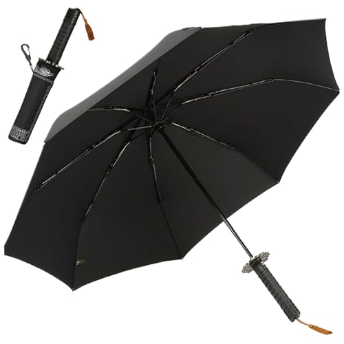Samurai Regenschirm Vollautomatische Katana-Regenschirmwindbeständigkeit und rostsicherer starker Regenschirm tragbares stilvolles Schwertschirm für Männer Geschenke Cosplay-Dekoration, Katana Regens von Pineeseatile