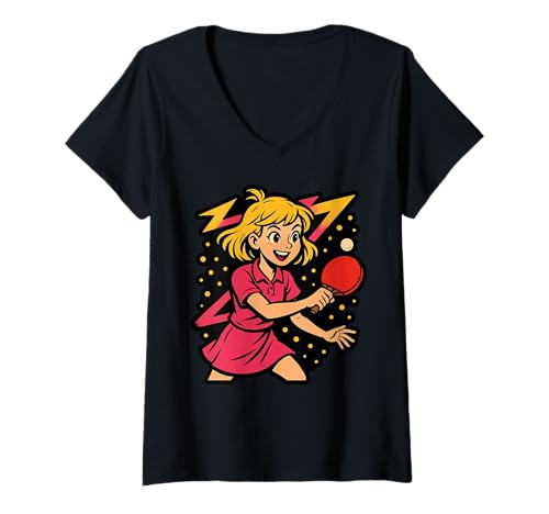 Damen Charmantes Tischtennis-Mädchen T-Shirt mit V-Ausschnitt von Ping Pong Champion Girl Power Apparel