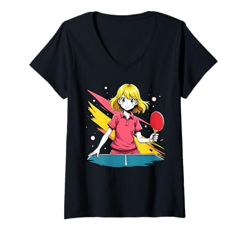 Damen Charmantes Tischtennis-Mädchen T-Shirt mit V-Ausschnitt von Ping Pong Champion Girl Power Apparel