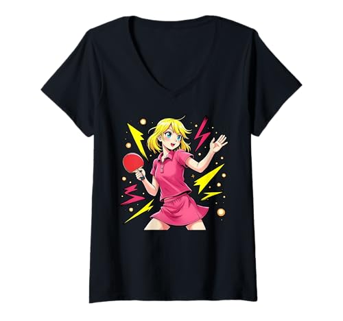 Damen Charmantes Tischtennis-Mädchen T-Shirt mit V-Ausschnitt von Ping Pong Champion Girl Power Apparel