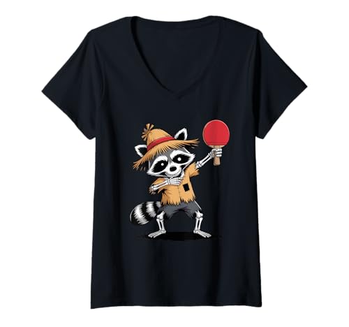 Damen Halloween Waschbär Dabbing Tischtennis Pingpong Schläger T-Shirt mit V-Ausschnitt von Ping Pong Gift For A Table Tennis Player