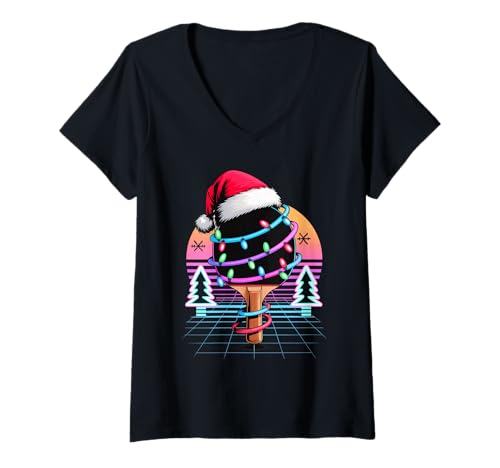 Damen Weihnachten Synthwave Tischtennis Schläger Spieler Ping Pong T-Shirt mit V-Ausschnitt von Ping Pong Gift For A Table Tennis Player