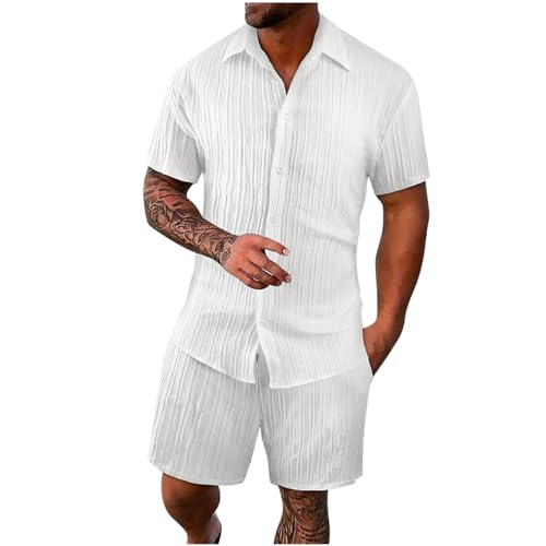 Musselin Gym Outfit Herren Einfarbig Rippen Tracksuit Sommer Leinenanzug Zweiteiliges Locker Hemd + Elastische Kurze Hose 2PC Outfits Knöpfen Revers Trainingsanzug Sportanzug Prime of Day Angebote von PingShun