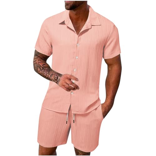 PingShun Die Discounter Musselin Gym Outfit Herren Einfarbig Rippen Tracksuit Sommer Leinenanzug Zweiteiliges Locker Hemd + Elastische Kurze Hose 2PC Outfits Knöpfen Revers Trainingsanzug von PingShun