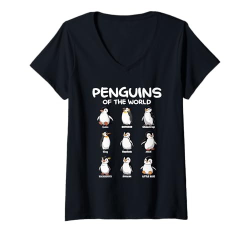Damen Penguins of The World Cute Funny Penguin Species T-Shirt mit V-Ausschnitt Damen Penguins of The World Cute Funny Penguin Species T-Shirt mit V-Ausschnitt von Pinguin Bird Lovers Educational Animal