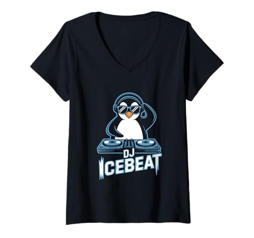 Damen DJ Icebeat Pinguin Kopfhörer Mix Plattenteller Club T-Shirt mit V-Ausschnitt Damen DJ Icebeat Pinguin Kopfhörer Mix Plattenteller Club T-Shirt mit V-Ausschnitt von Pinguin DJ Musik Humor Elektro Clubkultur