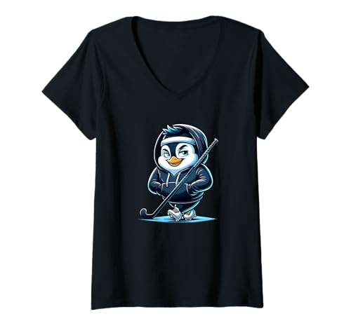 Damen Eishockey Pinguin Mit Schläger Im Hoodie Auf Kufen T-Shirt mit V-Ausschnitt Damen Eishockey Pinguin Mit Schläger Im Hoodie Auf Kufen T-Shirt mit V-Ausschnitt von Pinguin Eishockey Cartoon Maskottchen Cool