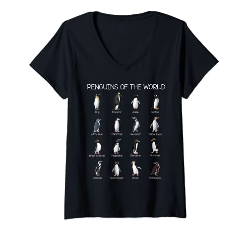 Damen Pinguin Arten Penguins Of The World Geschenke T-Shirt mit V-Ausschnitt von Pinguin Fans Geschenke Galapagos Magellan König