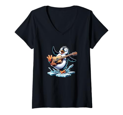 Damen Pinguin Mit Gitarre Auf EIS Tanzender Musiker T-Shirt mit V-Ausschnitt Damen Pinguin Mit Gitarre Auf EIS Tanzender Musiker T-Shirt mit V-Ausschnitt von Pinguin Gitarre Musik Eis Tanzen Lustig Tierfreund