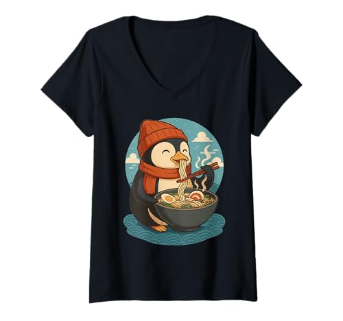 Damen Pinguin isst Ramen Nudeln Japanisches Vintage T-Shirt mit V-Ausschnitt Damen Pinguin isst Ramen Nudeln Japanisches Vintage T-Shirt mit V-Ausschnitt von Pinguin Ramen Nudeln Retro Kawaii Shop