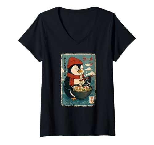 Damen Pinguin isst Ramen Nudeln Japanisches Vintage T-Shirt mit V-Ausschnitt Damen Pinguin isst Ramen Nudeln Japanisches Vintage T-Shirt mit V-Ausschnitt von Pinguin Ramen Nudeln Retro Kawaii Shop