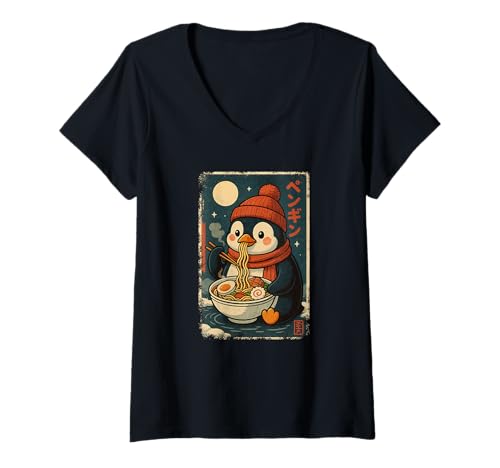 Damen Pinguin isst Ramen Nudeln Japanisches Vintage T-Shirt mit V-Ausschnitt Damen Pinguin isst Ramen Nudeln Japanisches Vintage T-Shirt mit V-Ausschnitt von Pinguin Ramen Nudeln Retro Kawaii Shop