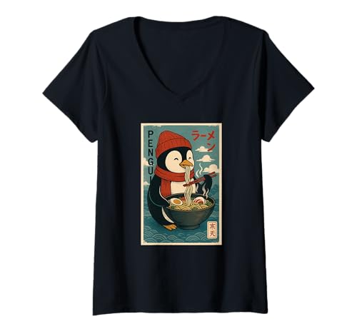 Damen Pinguin isst Ramen Nudeln Japanisches Vintage T-Shirt mit V-Ausschnitt Damen Pinguin isst Ramen Nudeln Japanisches Vintage T-Shirt mit V-Ausschnitt von Pinguin Ramen Nudeln Retro Kawaii Shop