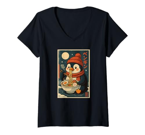 Damen Pinguin isst Ramen Nudeln Japanisches Vintage T-Shirt mit V-Ausschnitt Damen Pinguin isst Ramen Nudeln Japanisches Vintage T-Shirt mit V-Ausschnitt von Pinguin Ramen Nudeln Retro Kawaii Shop