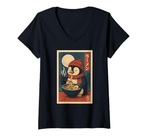 Damen Pinguin isst Ramen Nudeln Japanisches Vintage T-Shirt mit V-Ausschnitt Damen Pinguin isst Ramen Nudeln Japanisches Vintage T-Shirt mit V-Ausschnitt von Pinguin Ramen Nudeln Retro Kawaii Shop