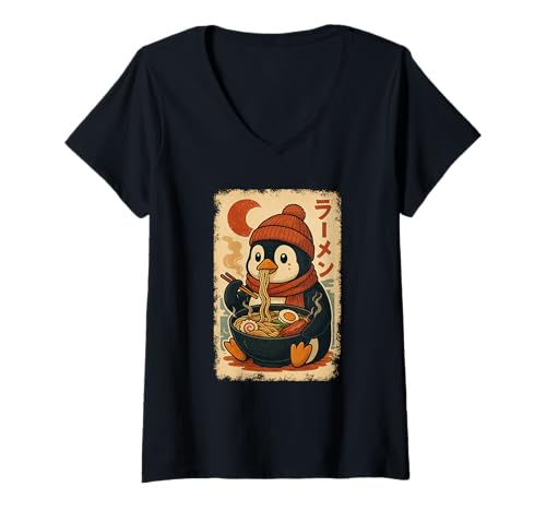 Damen Pinguin isst Ramen Nudeln Japanisches Vintage T-Shirt mit V-Ausschnitt Damen Pinguin isst Ramen Nudeln Japanisches Vintage T-Shirt mit V-Ausschnitt von Pinguin Ramen Nudeln Retro Kawaii Shop