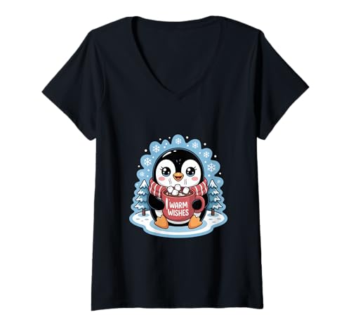 Damen Winter Pinguin Warm Wishes Kakao Schneeflocken T-Shirt mit V-Ausschnitt von Pinguin Winter Weihnachten Schnee Kakao