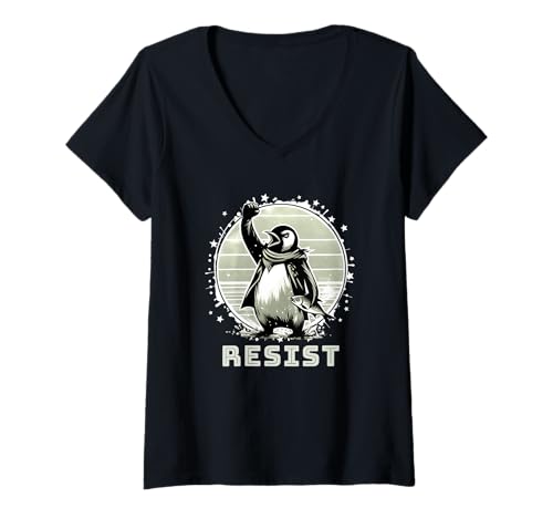 Damen Resist Penguin Activism Grafikdesign Resist Resist Hemd T-Shirt mit V-Ausschnitt von Pinguine protestieren gegen Zölle Pinguin Resist