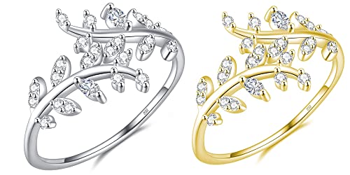 2 Stück 925 Sterling Silber Ringe Set für Damen Verstellbarer Offener Ring Vergoldet Olivenblatt Ringe Stapelbare Fingerringe Zehenringe Schmuck Geschenk Für Frauen Mädchen von Pinjilai