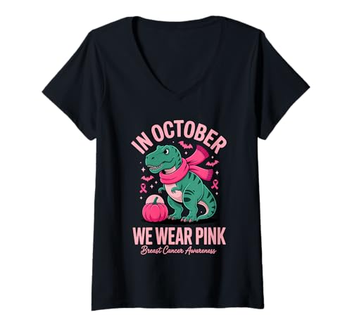 Damen Im Oktober tragen wir Pink Breast Cancer Awareness T-Shirt mit V-Ausschnitt Damen Im Oktober tragen wir Pink Breast Cancer Awareness T-Shirt mit V-Ausschnitt von Pink Awareness Dinosaur October Style