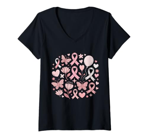 Damen Coquette Bewusstsein Rosa Schleifen Unterstützung T-Shirt mit V-Ausschnitt von Pink Awareness Ribbon Coquette Collective