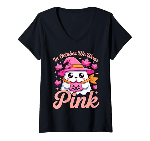 Damen Oktober Pink Tragen Hexe Halloween Brustkrebs T-Shirt mit V-Ausschnitt von Pink Awareness Witchy Autumn Spirit
