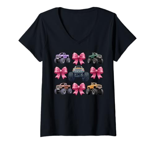 Damen Pink Coquette Bow Monster Truck Lover Aesthetic Girl T-Shirt mit V-Ausschnitt von Pink Bow Monster Truck Lover