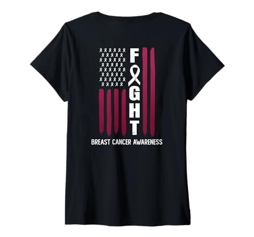 Damen USA-Flagge, Brustkrebs-Bewusstseinsmonat – auf der Rückseite T-Shirt mit V-Ausschnitt Damen USA-Flagge, Brustkrebs-Bewusstseinsmonat – auf der Rückseite T-Shirt mit V-Ausschnitt von Pink Breast Cancer Awareness Ideas Co.