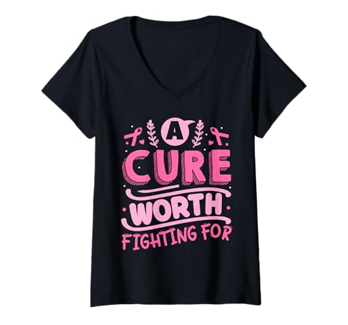 Damen A Cure Worth Fighting for | Breast Cancer T-Shirt mit V-Ausschnitt von Pink Breast Cancer Awareness Month Geschenk FIDIMA