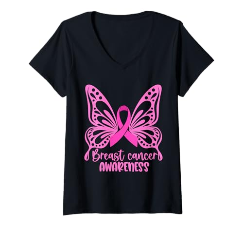 Damen Breast Cancer Awareness Pink T-Shirt mit V-Ausschnitt von Pink Breast Cancer Awareness Month Geschenk FIDIMA