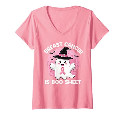 Damen Breast Cancer is Boo Sheet T-Shirt mit V-Ausschnitt von Pink Breast Cancer Awareness Month Geschenk FIDIMA