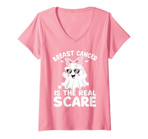 Damen Breast Cancer is The Real Scare T-Shirt mit V-Ausschnitt von Pink Breast Cancer Awareness Month Geschenk FIDIMA