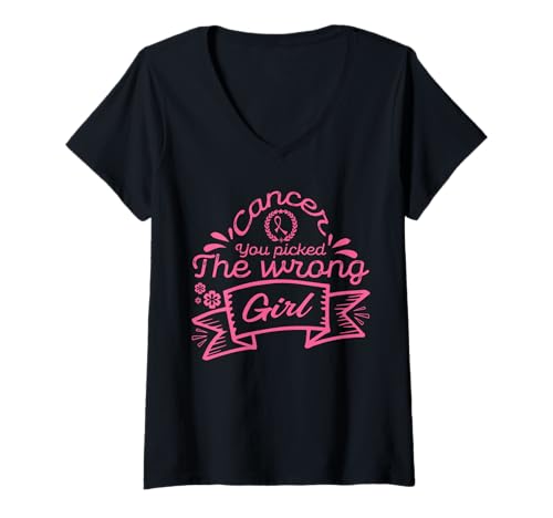 Damen Cancer You Picked The Wrong Girl | Breast Cancer T-Shirt mit V-Ausschnitt von Pink Breast Cancer Awareness Month Geschenk FIDIMA