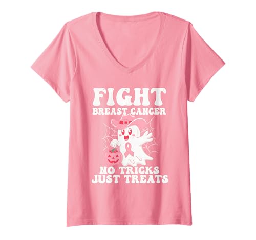 Damen Fight Breast Cancer No Tricks Just Treats T-Shirt mit V-Ausschnitt von Pink Breast Cancer Awareness Month Geschenk FIDIMA