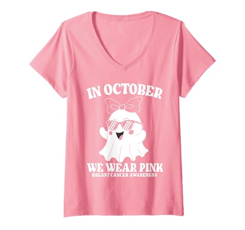 Damen In October We Wear Pink Breast Cancer Awareness T-Shirt mit V-Ausschnitt von Pink Breast Cancer Awareness Month Geschenk FIDIMA