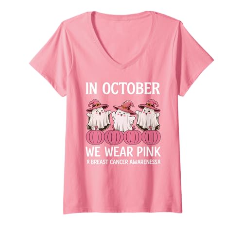 Damen In October We Wear Pink Breast Cancer Awareness T-Shirt mit V-Ausschnitt von Pink Breast Cancer Awareness Month Geschenk FIDIMA