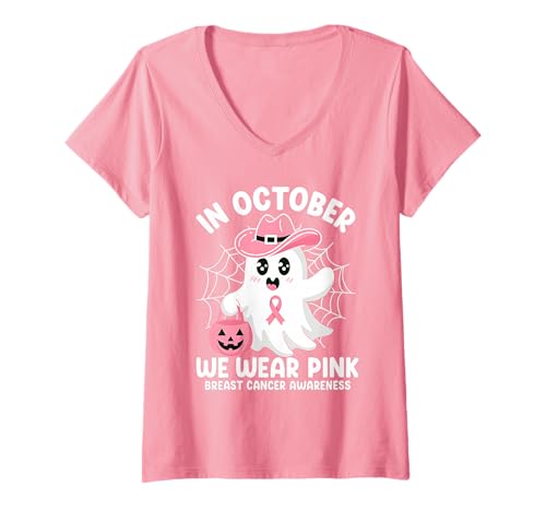 Damen In October We Wear Pink Breast Cancer Awareness T-Shirt mit V-Ausschnitt von Pink Breast Cancer Awareness Month Geschenk FIDIMA