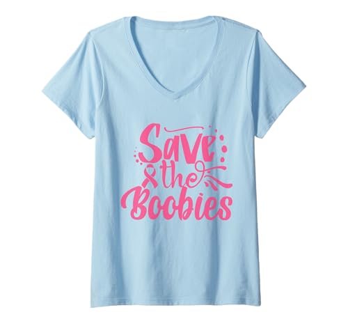 Damen Save The Boobies | Breast Cancer T-Shirt mit V-Ausschnitt von Pink Breast Cancer Awareness Month Geschenk FIDIMA