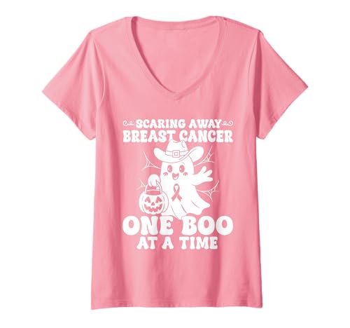Damen Scaring Away Breast Cancer One Boo at A Time T-Shirt mit V-Ausschnitt von Pink Breast Cancer Awareness Month Geschenk FIDIMA
