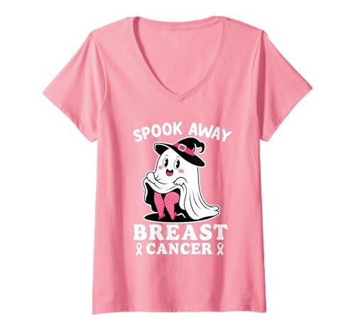 Damen Spooky Away Breast Cancer T-Shirt mit V-Ausschnitt von Pink Breast Cancer Awareness Month Geschenk FIDIMA