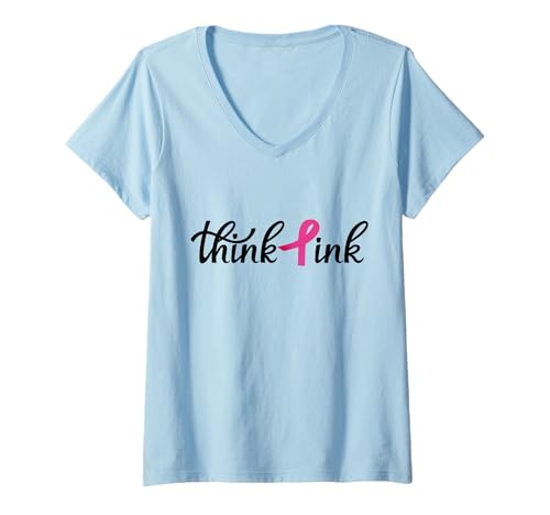 Damen Think Pink | Breast Cancer T-Shirt mit V-Ausschnitt von Pink Breast Cancer Awareness Month Geschenk FIDIMA